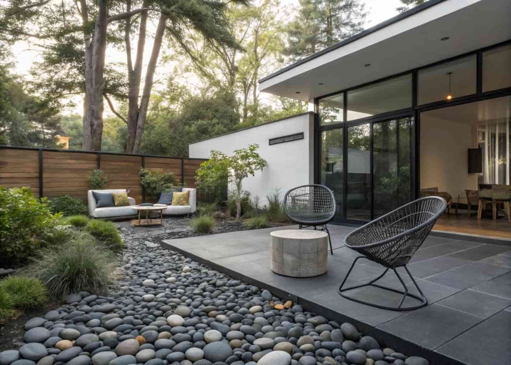 Outdoor patio seating area with smooth black river rock ground cover, stylish metal furniture, potted plants nearby, modern backyard design, natural lighting