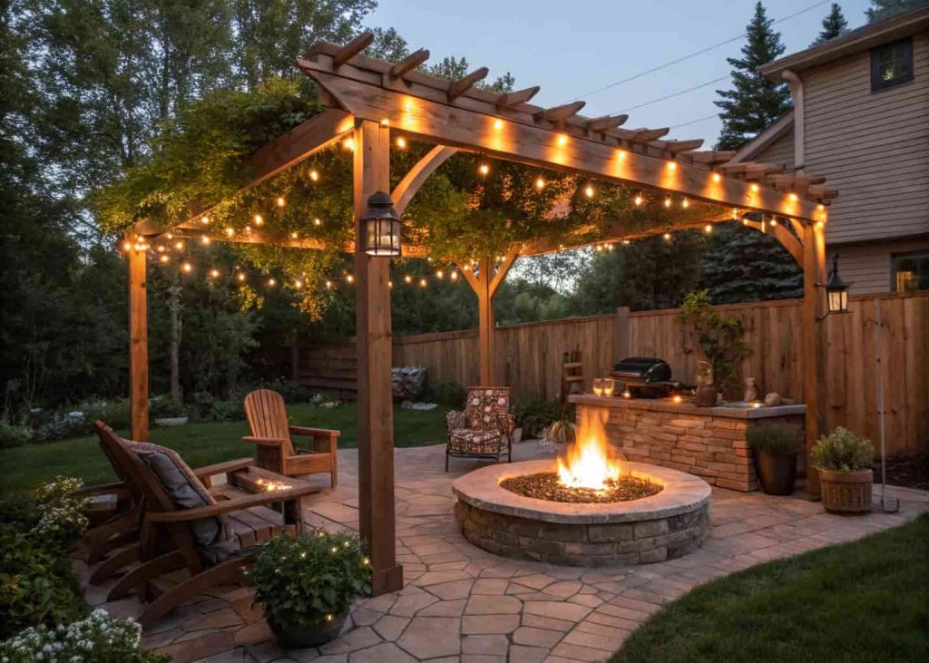 A cozy backyard fire pit under a wooden pergola with string lights and greenery, glowing with warm fire in the evening.