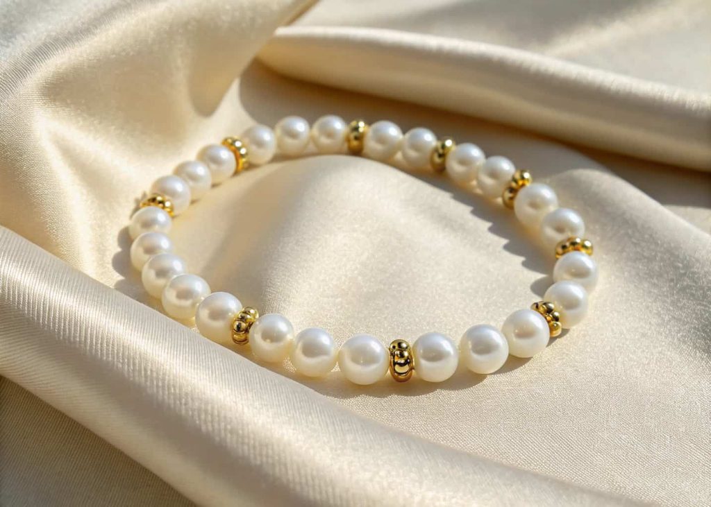 Classic white pearl stretch bracelet with gold spacer beads on cream fabric background