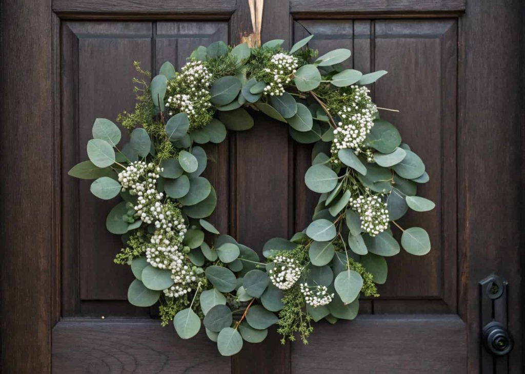 A round wreath of eucalyptus leaves and small white flowers hanging on a dark wooden door.