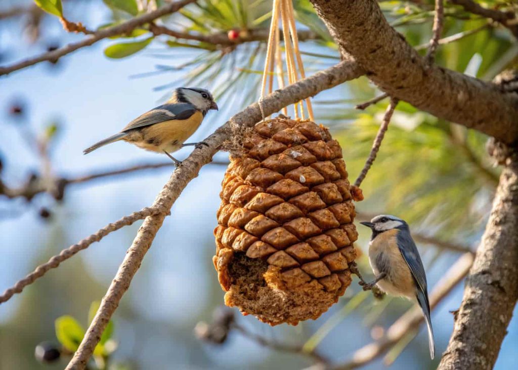 Pine cone bird feeder coated with peanut butter and seeds, small birds eating, tree branch outdoors”