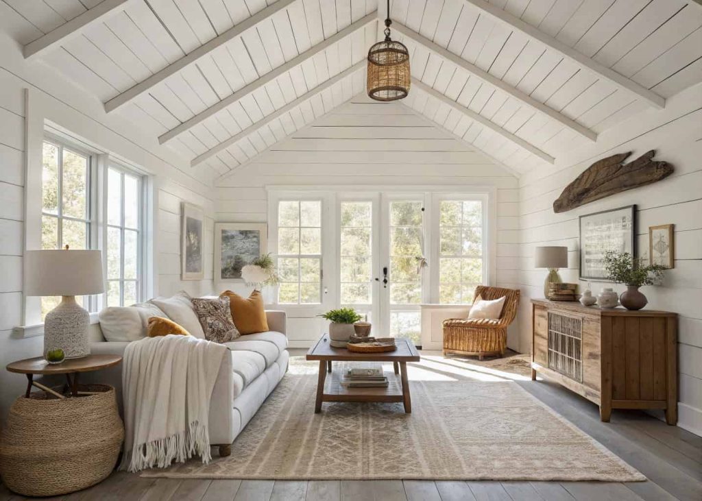 White shiplap wood ceiling in a bright farmhouse-style room, natural light, cozy decor