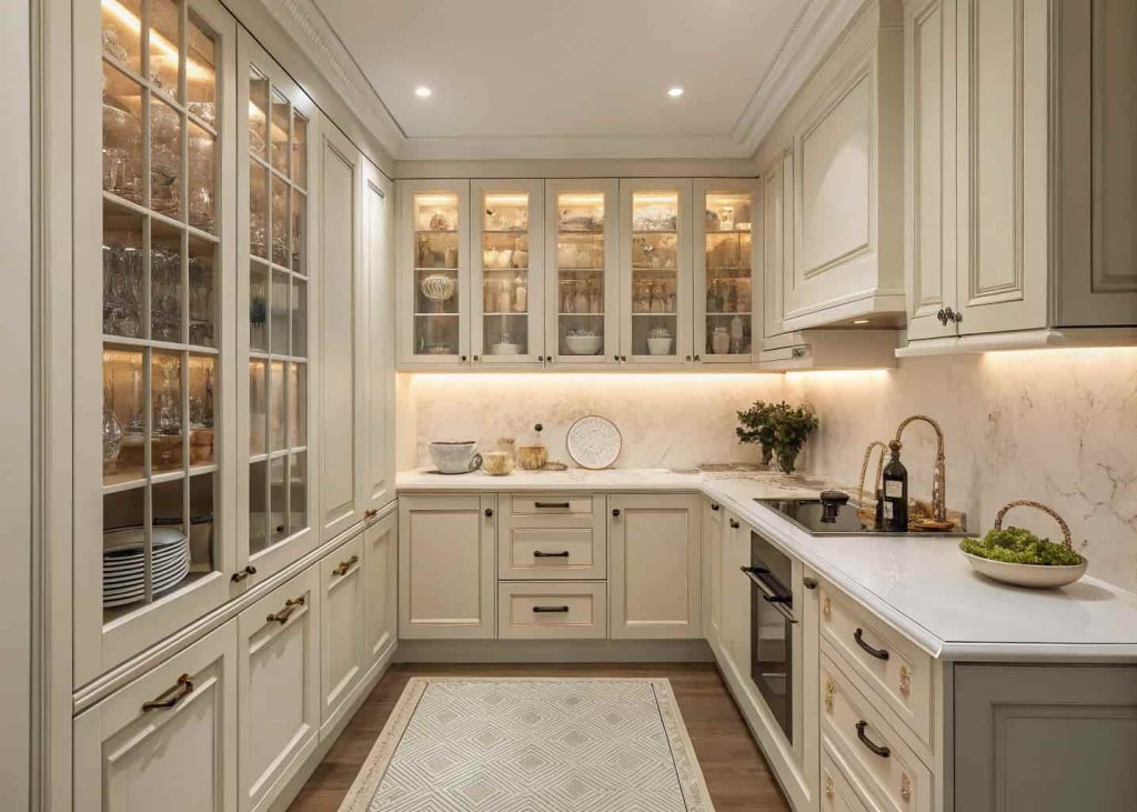 Small kitchen with elegant glass-front cabinets