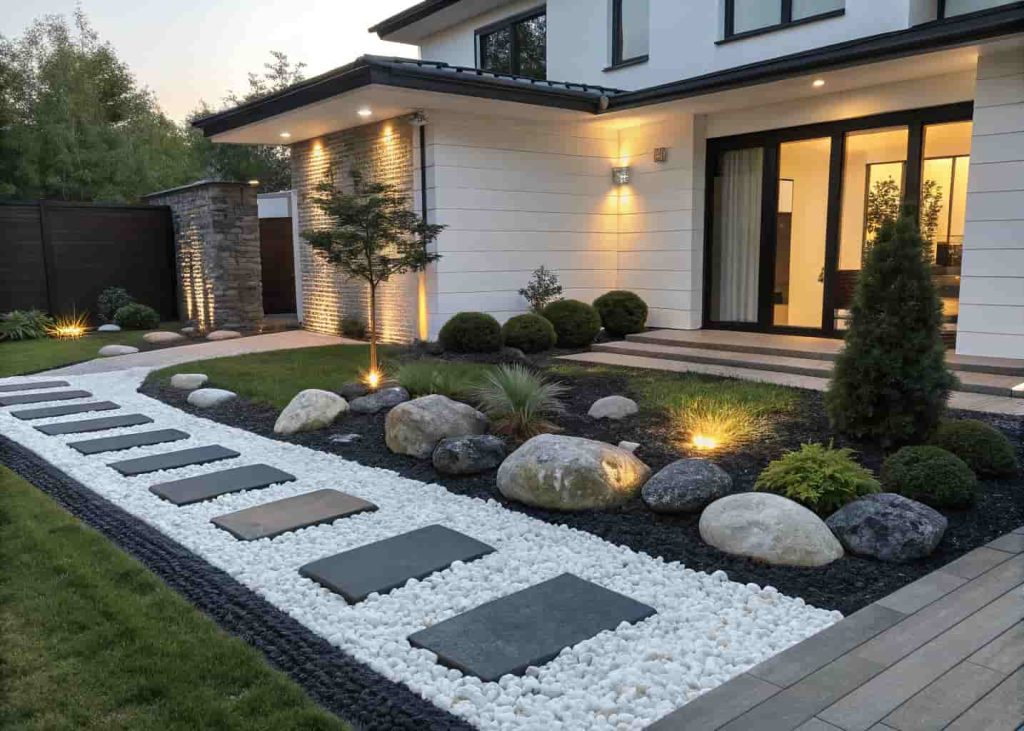 Garden design with black river rocks and white gravel used together in contrasting patterns, modern landscape design, bright outdoor lighting, residential front yard