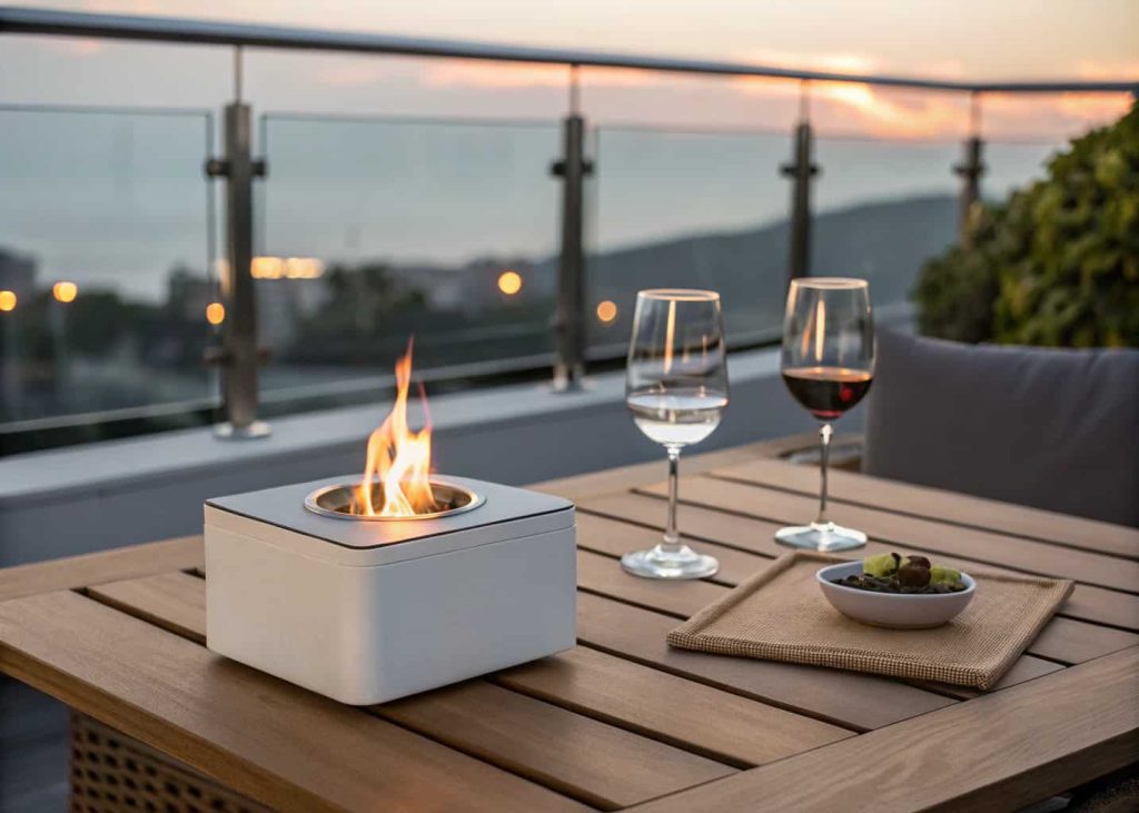 A compact tabletop bioethanol fire pit with a small flame on an outdoor balcony table, creating a cozy evening atmosphere.