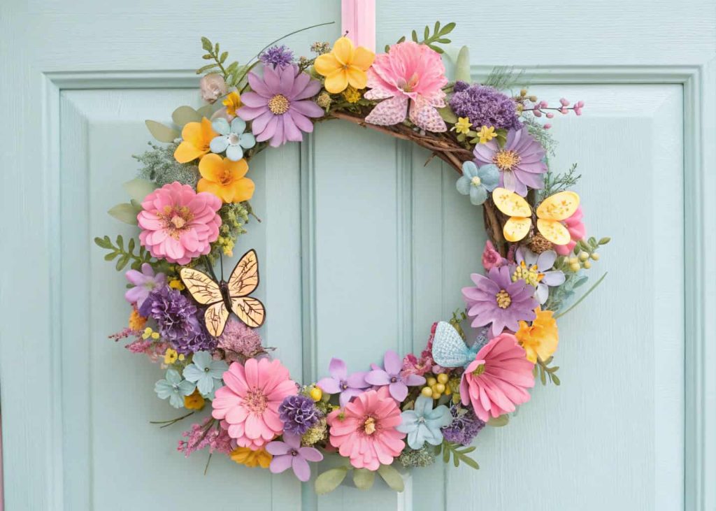 A spring wreath decorated with pastel flowers and colorful butterflies perched on petals, on a light blue door.