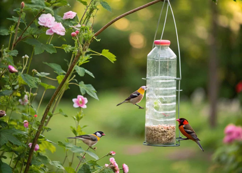 DIY bird feeder made from a plastic bottle, small birds perched and eating, backyard garden scene”