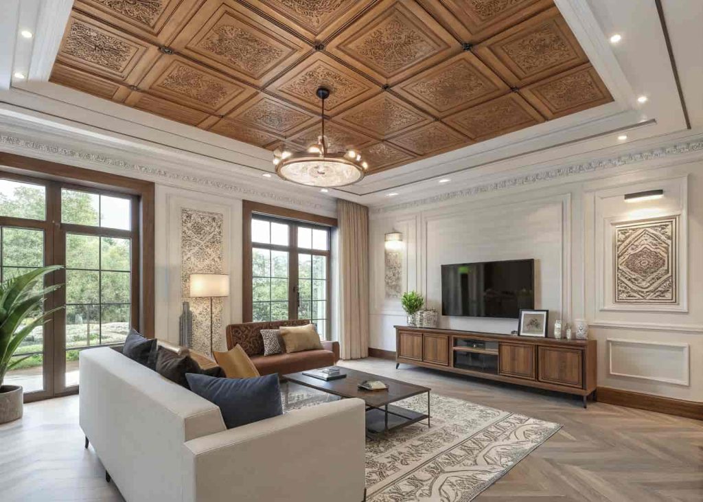 Mixed material ceiling with wood panels and modern elements, stylish living room, contemporary design