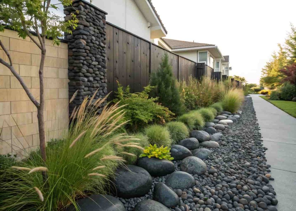 Garden wall base covered with smooth black river rocks, climbing plants or tall grasses alongside, neat residential landscaping, warm natural daylight photography