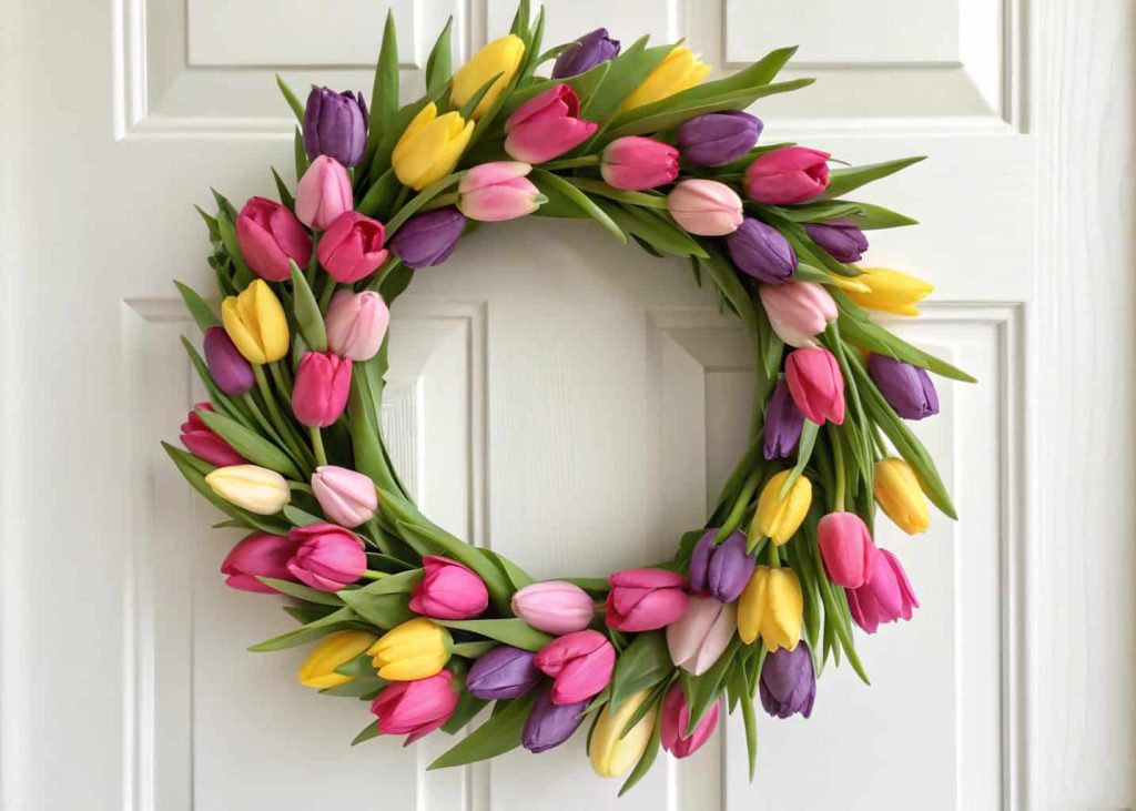 A tulip wreath with pink, yellow, and purple tulips, accented with greenery, on a white front door.