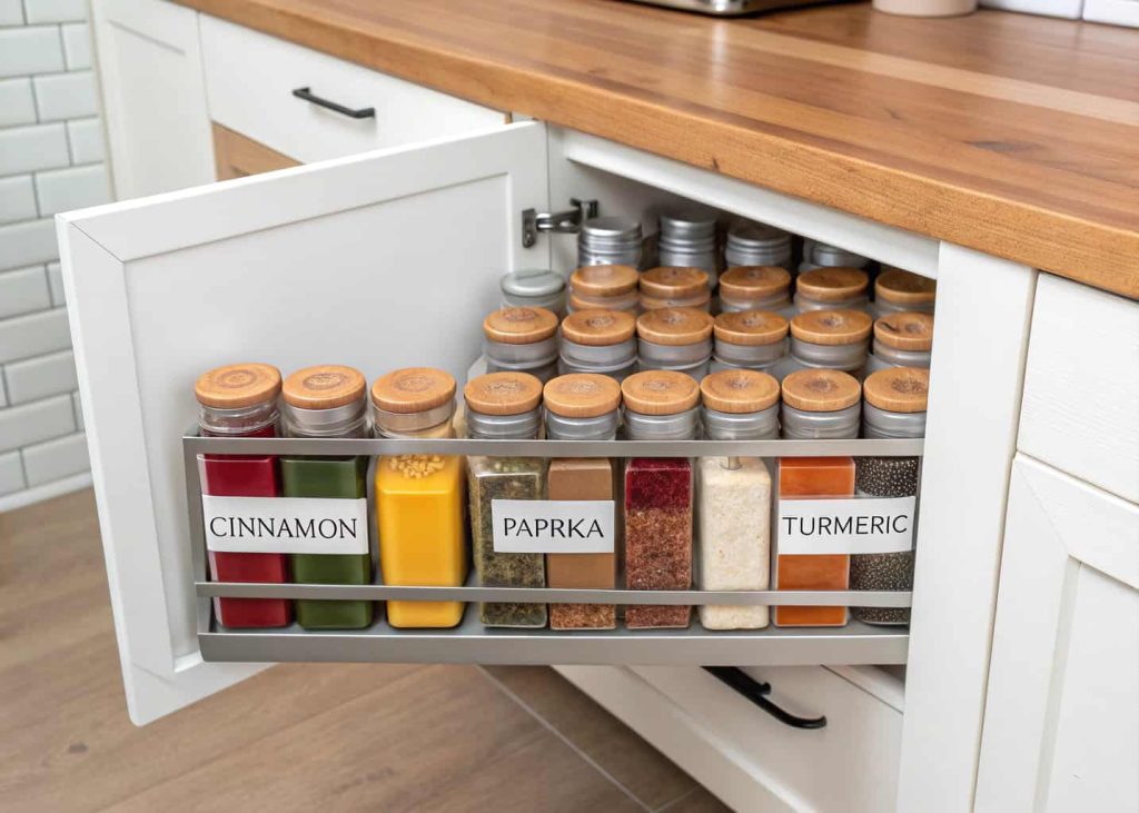 Narrow pull-out slim cabinet filled with spices