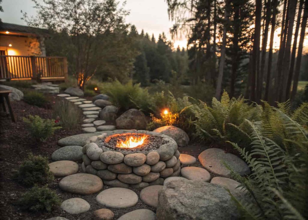 A round river rock fire pit glowing with fire surrounded by native garden plants and ferns in a natural backyard at dusk.