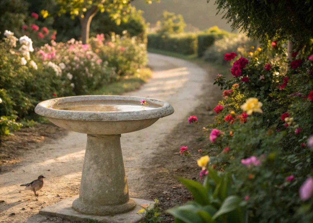 Round concrete bird bath with smooth edges, placed on a garden path surrounded by flowers.