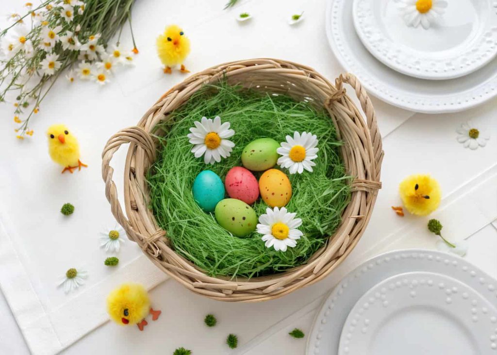 A wicker basket filled with bright green Easter grass, colorful painted eggs, small yellow chick toys, and silk daisies, placed at the center of a white dining table, overhead flat lay shot