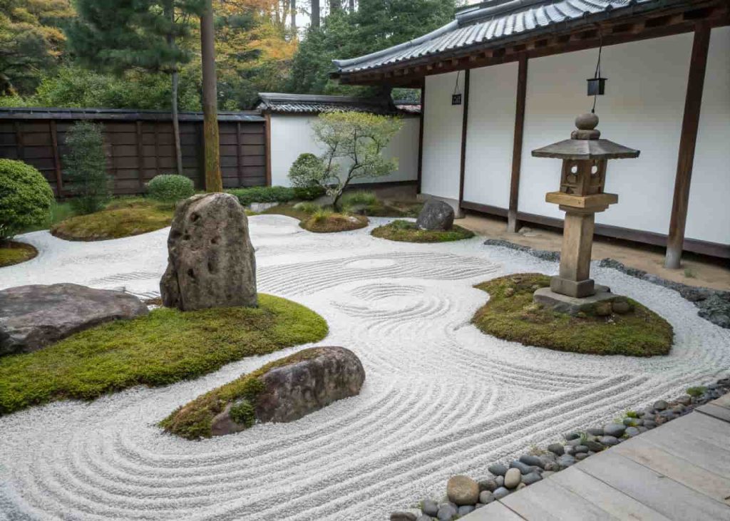 A Japanese-style Zen garden with raked white gravel patterns and smooth river rocks placed intentionally, small green moss plants, a wooden garden lantern, peaceful and minimal aesthetic, realistic photo