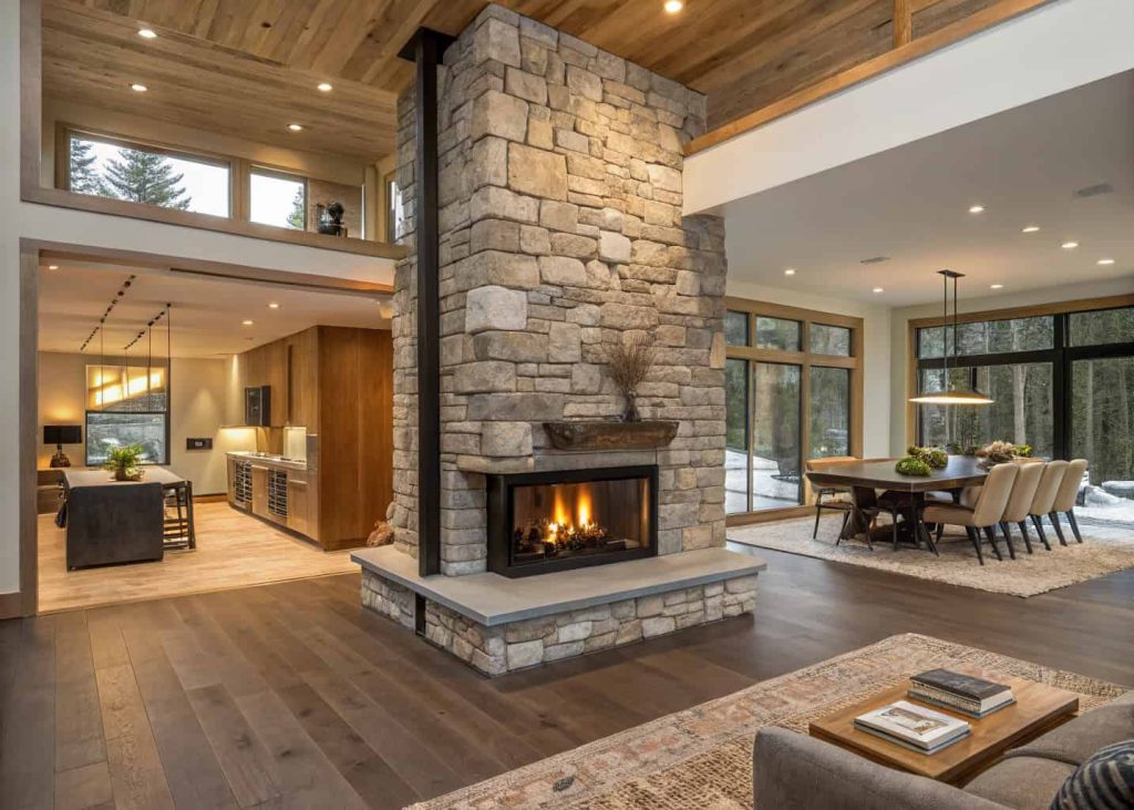 Double-sided river rock fireplace seen from an open-plan living and dining area with glowing fires visible on both sides and warm tan-brown river stones throughout