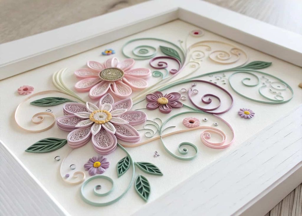Intricate paper quilling art with pastel flowers and swirls displayed in a white frame.