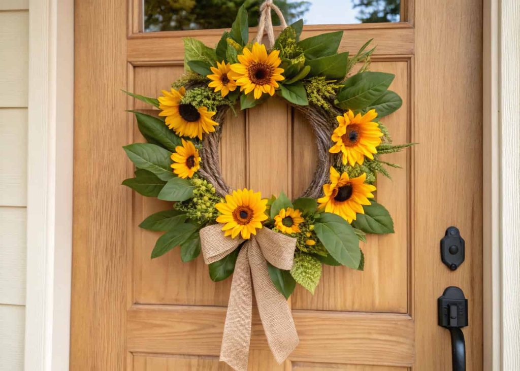 A bright sunflower wreath with green leaves and a burlap ribbon, hanging on a wooden front door.