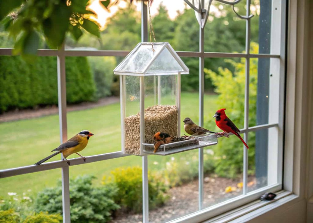 Small window bird feeder attached to glass, colorful birds perched and eating, cozy backyard view”
