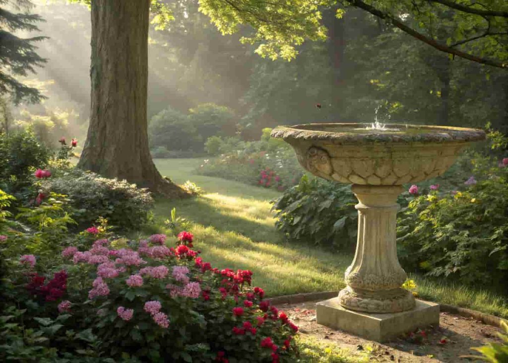 "Elegant classic stone bird bath in a lush garden, surrounded by flowers and greenery, sunlight streaming through trees, realistic style."