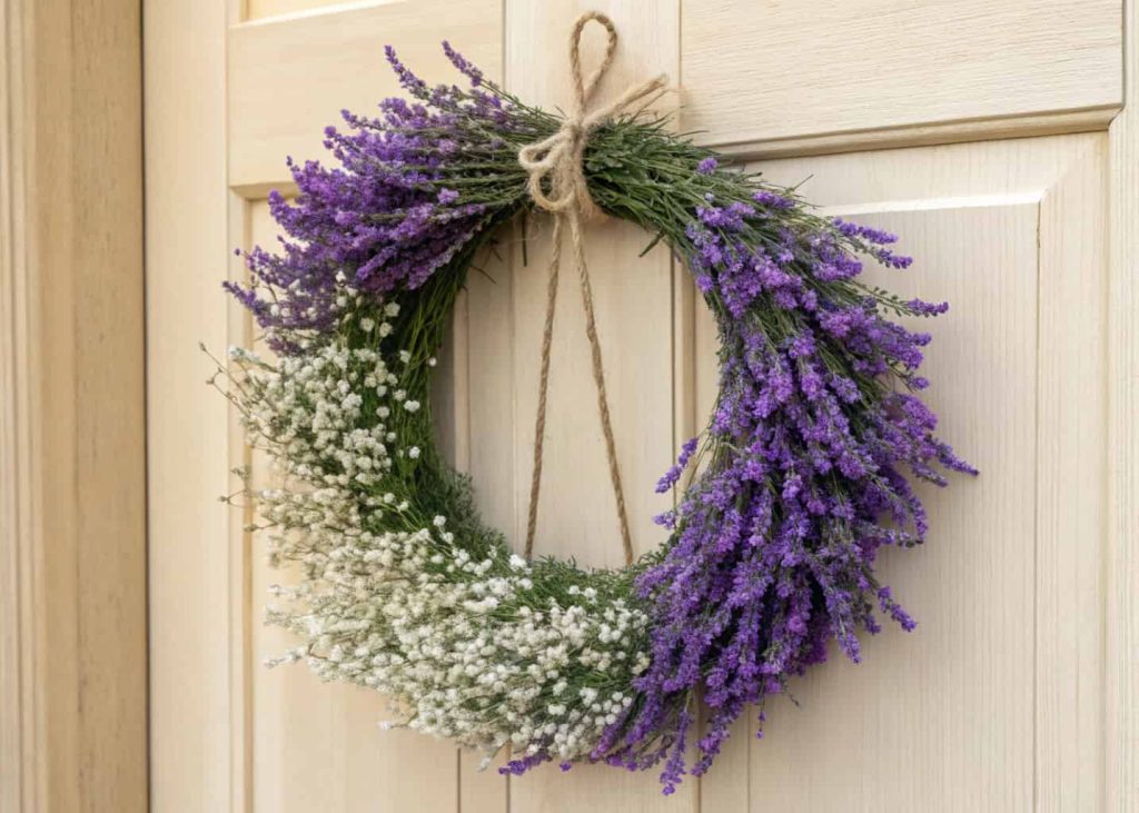 A circular lavender wreath with small white flowers and a twine bow on a light-colored wooden door.