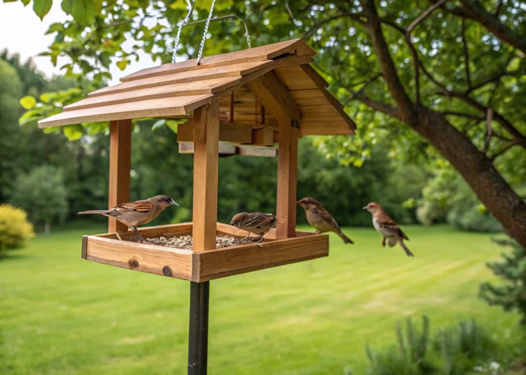 Wooden platform bird feeder on a pole, multiple birds feeding, green backyard setting”