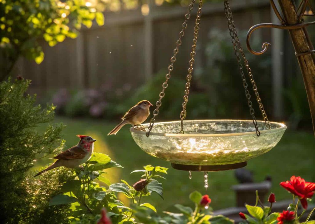 Hanging bird bath with glass bowl in a backyard garden, birds perched around, sunlight reflecting on water, cozy garden scene."