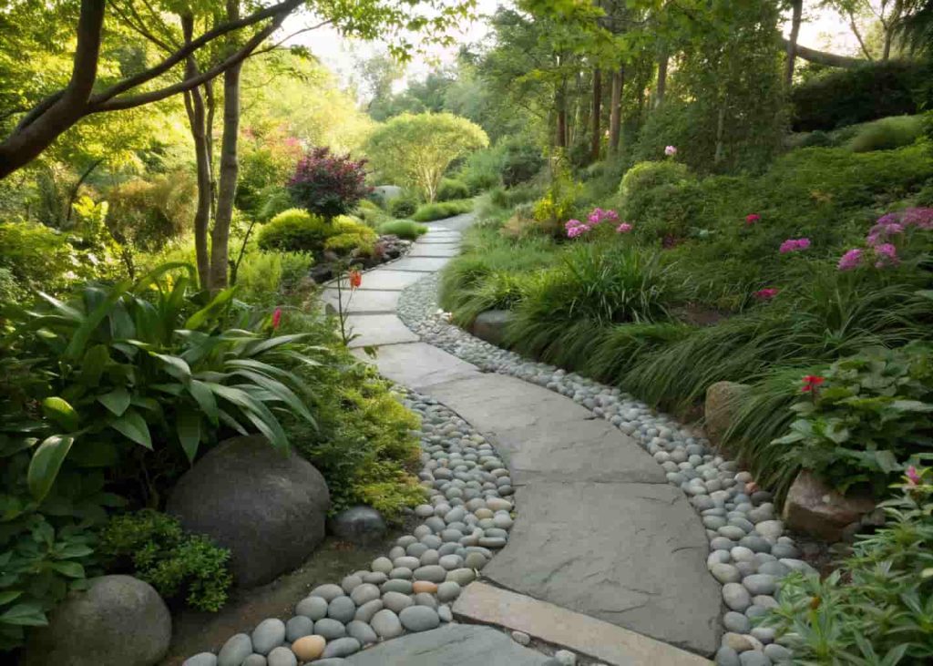 A winding garden pathway made of smooth light-grey river rocks, surrounded by green plants and flowers, soft natural daylight, realistic photo style