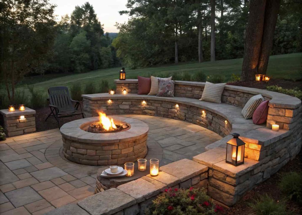 A fire pit surrounded by a low stone seating wall with outdoor cushions in a cozy backyard evening setting.