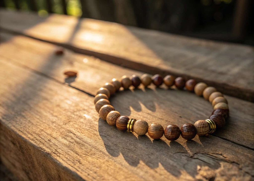 Natural wooden bead bracelet with brass spacers worn on a hand resting on a wooden table