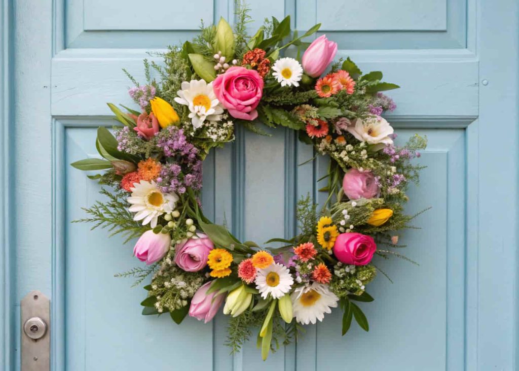 A round mixed flower wreath with tulips, daisies, roses, peonies, and greenery, on a pale blue door.