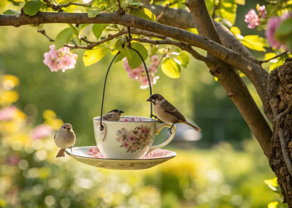 “Teacup bird feeder hanging from tree branch, small birds perched on saucer, sunny garden background”