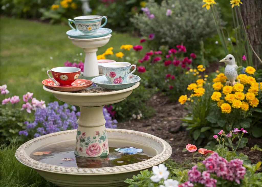 DIY upcycled bird bath made from colorful teacups and saucers, placed in a garden with flowers, whimsical style."