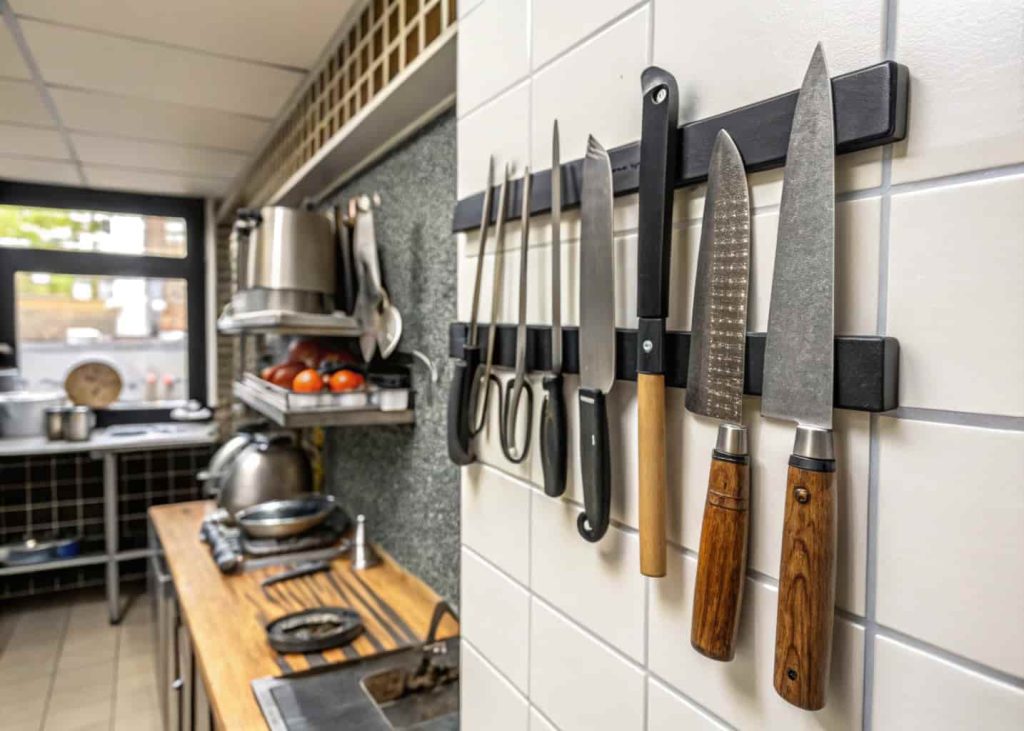 Kitchen wall with magnetic strip holding knives and metal tools