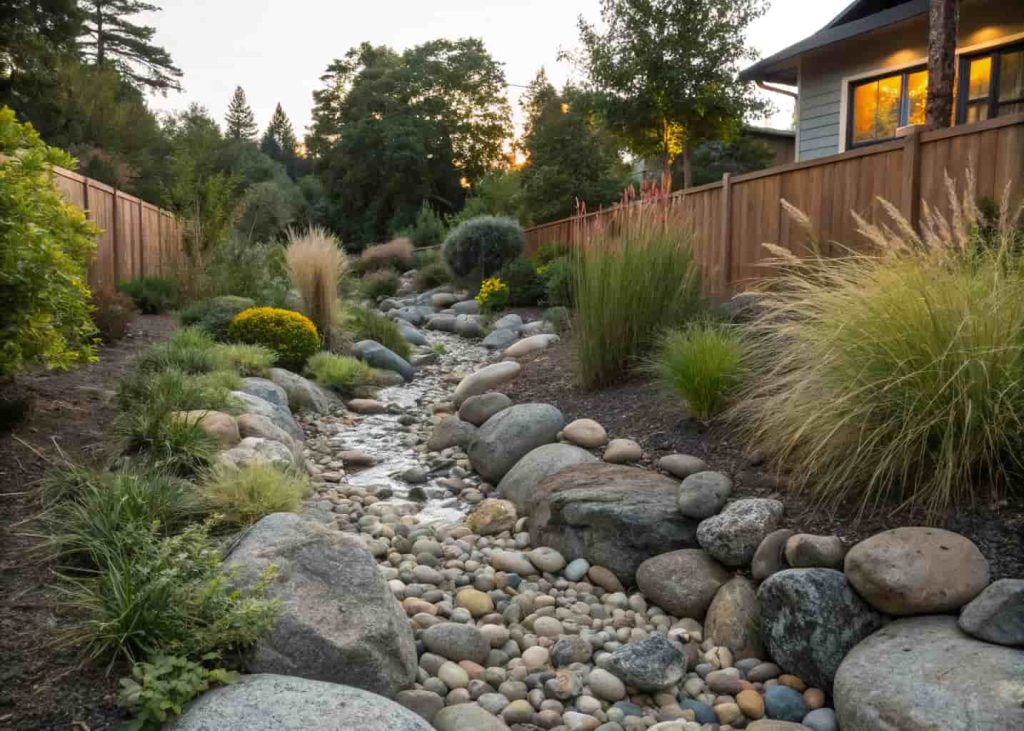 A dry creek bed in a backyard garden filled with smooth river rocks of various sizes, bordered by ornamental grasses and native plants, realistic landscape photography