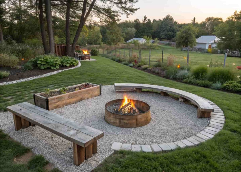 A fire pit on a neat circular pea gravel pad with metal edging, surrounded by grass and garden beds in a daytime backyard.