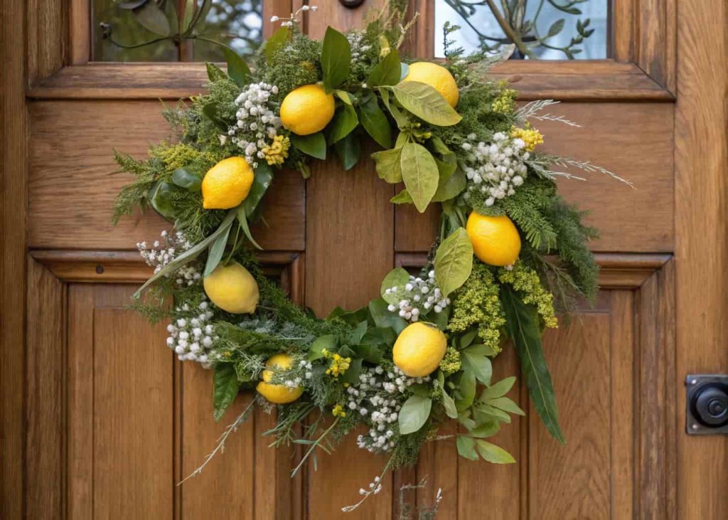 A spring wreath with yellow lemons, small white flowers, and greenery on a wooden door.