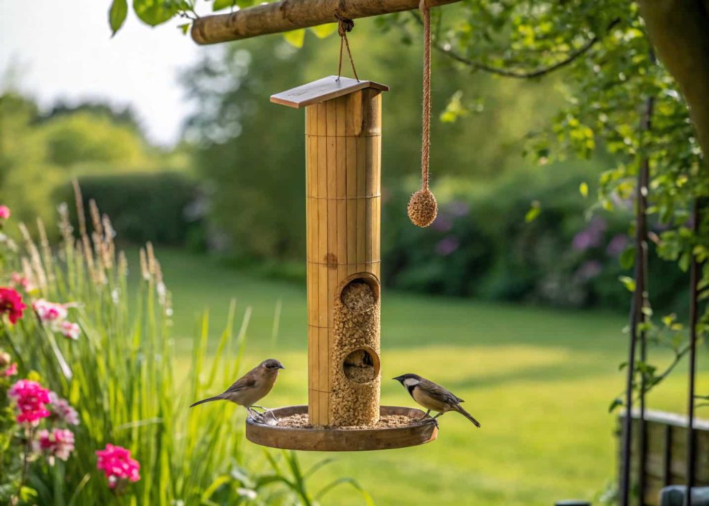 Bamboo tube bird feeder hanging in garden, small birds feeding, natural outdoor setting”