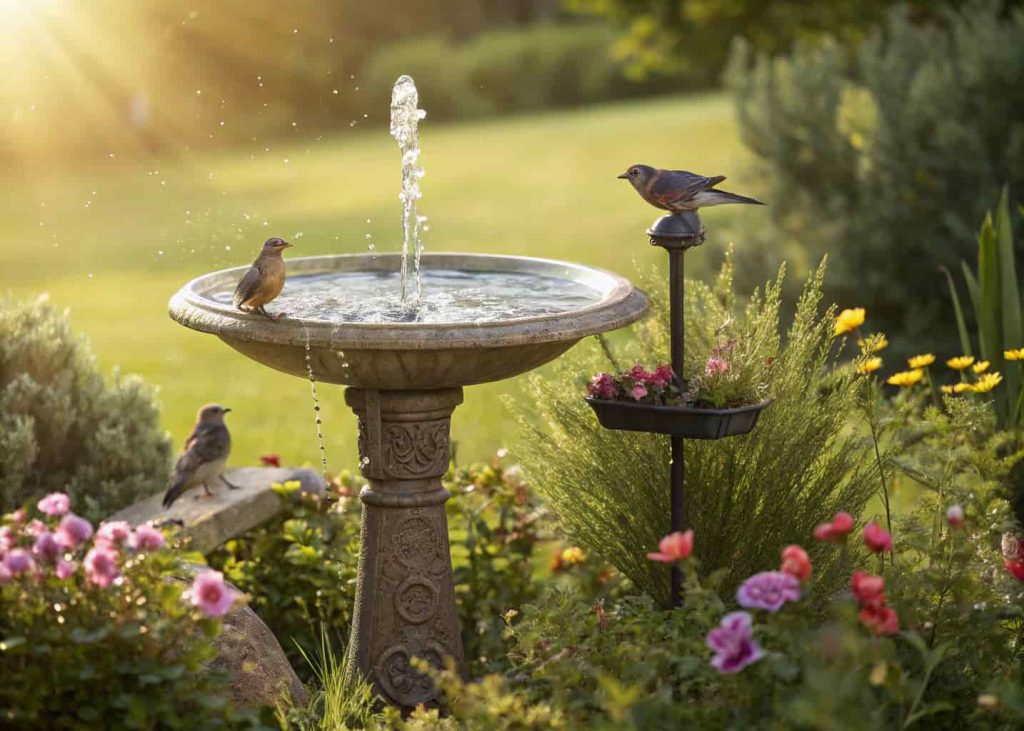 Solar-powered bird bath fountain in garden, water bubbling, birds drinking, sunny day, realistic garden scene."