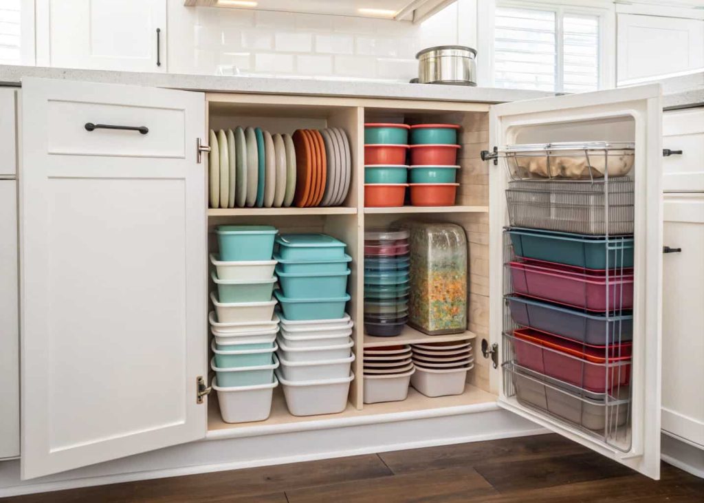 Kitchen cabinet with neatly stacked storage containers and racks