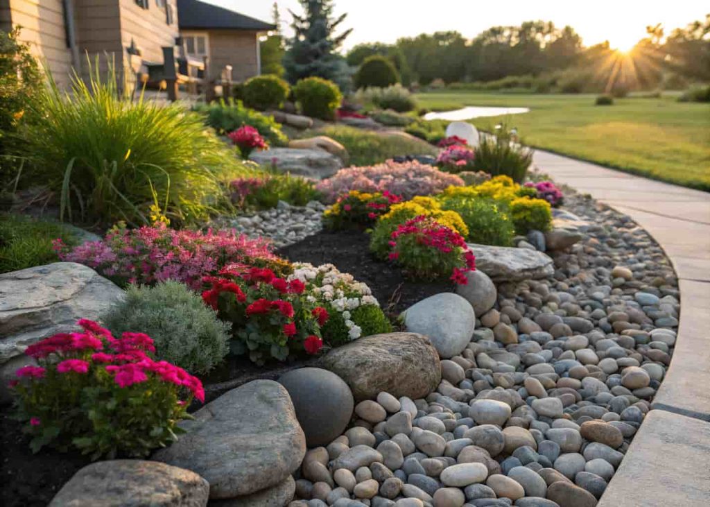 Garden bed with colorful flowering plants surrounded by smooth river rock mulch, neat and tidy landscaping, close-up realistic photo with warm sunlight