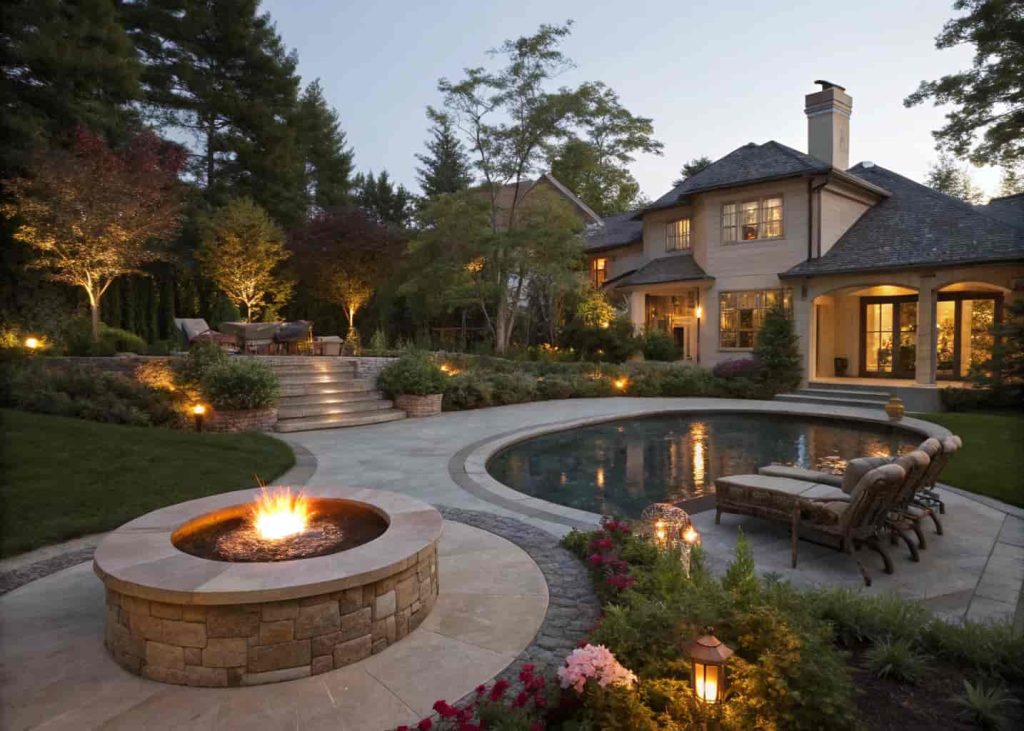 A backyard fire pit next to a small reflecting pool with fire light shimmering on the water surface in a lush evening garden.