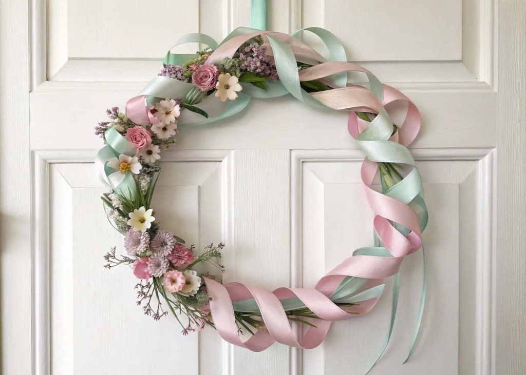 A pastel-colored ribbon wreath with loops and curls, accented with small flowers, on a white door.