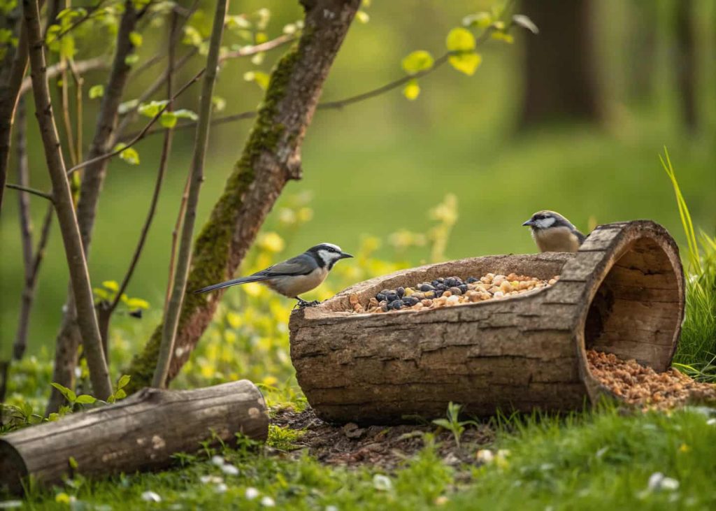 Hollow log bird feeder filled with seeds, small birds feeding, forest-style backyard garden”