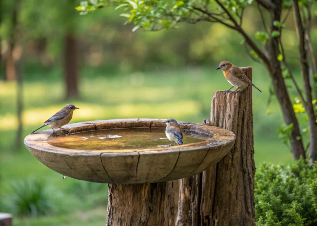 Rustic wooden bird bath on tree stump, surrounded by greenery, small birds perched, natural outdoor setting."