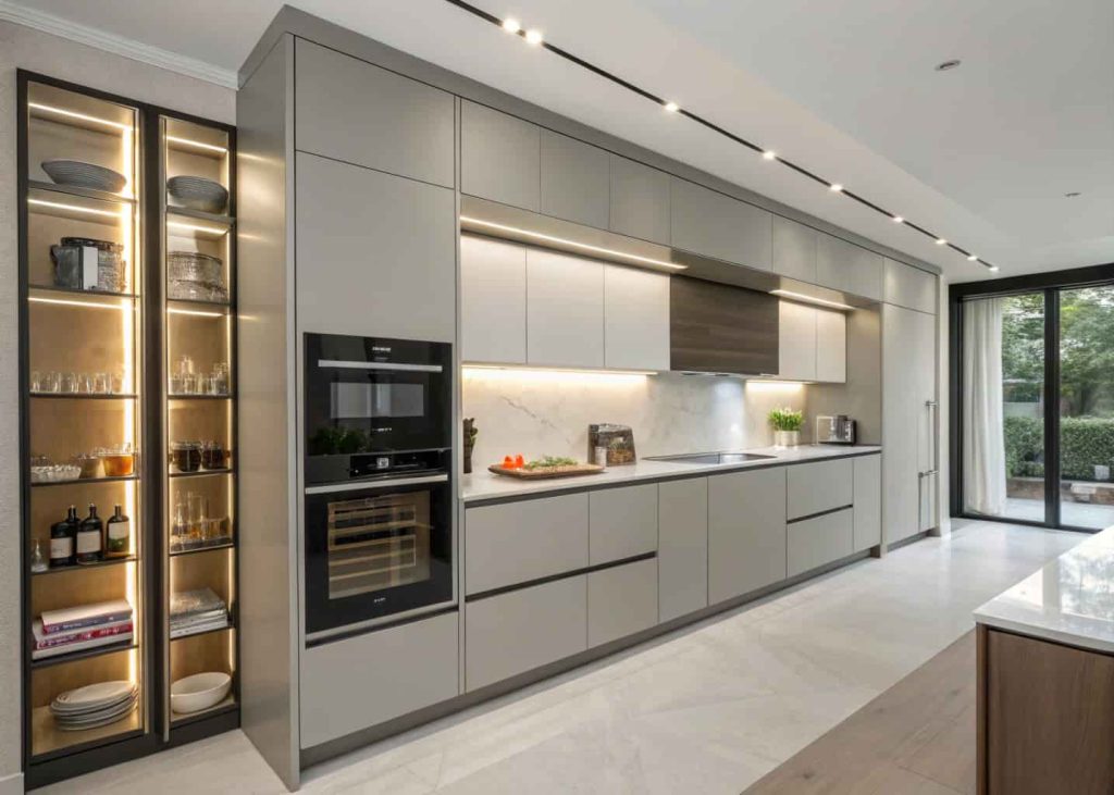 Modern kitchen with hidden storage compartments in cabinets and furniture