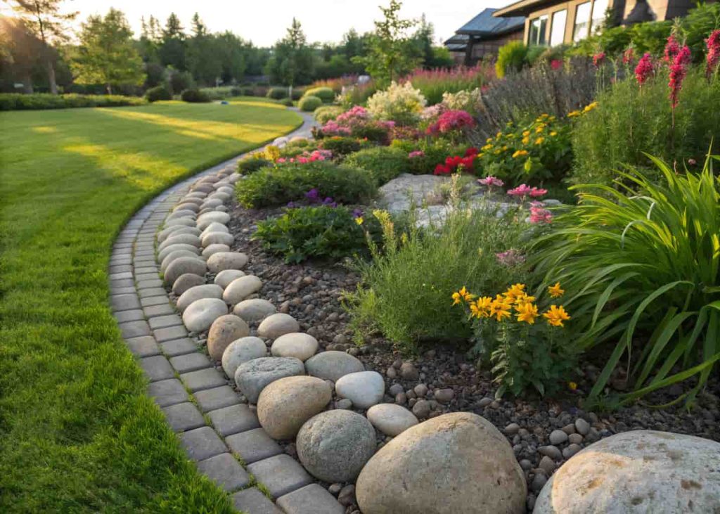 A clean garden edge with a neat line of smooth oval river rocks separating grass lawn from a flower bed with colorful blooms, bright daylight, realistic garden photo