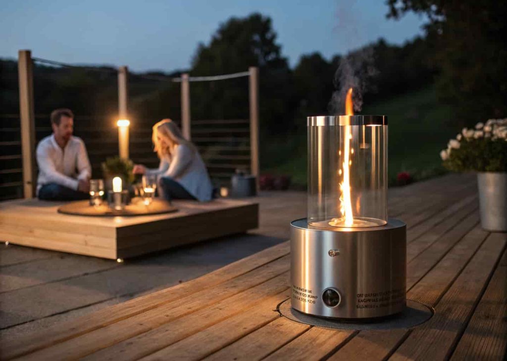 A stainless steel smokeless fire pit with a tall clear flame on a wooden deck at night surrounded by people in cozy lighting.
