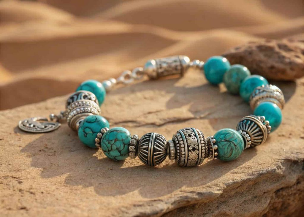 Chunky turquoise and Tibetan silver bead bracelet on sandy stone surface