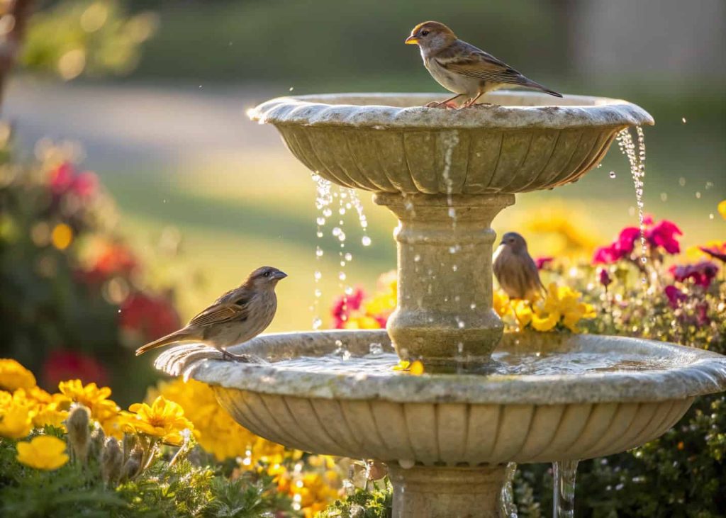 Tiered bird bath with cascading water, small birds on different levels, garden flowers around, bright sunlight."